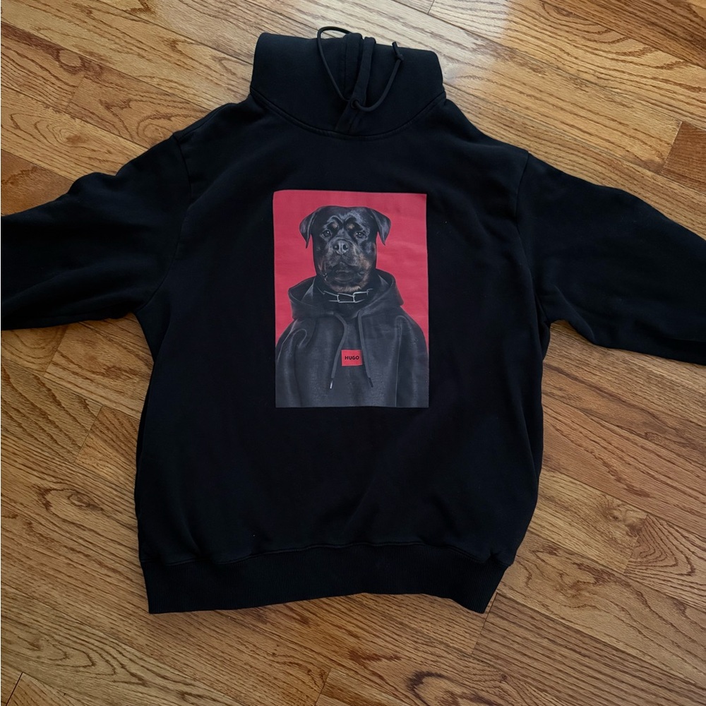 HUGO Black Hoodie with Dog Graphic